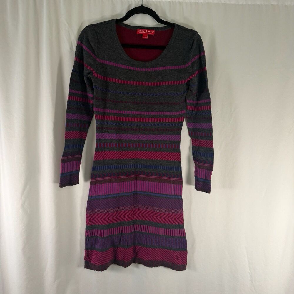 Krimson Klover Wool Silk Sweater Dress Women's Small Grey Pink Striped Long Sl